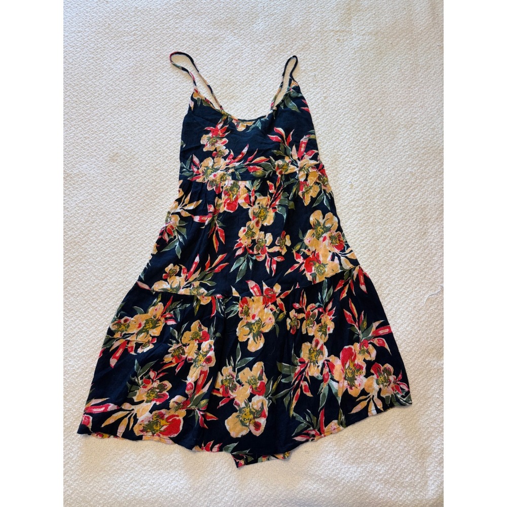 Roxy Floral Tiered Mini Dress Navy Blue Tropical Spaghetti Strap Small